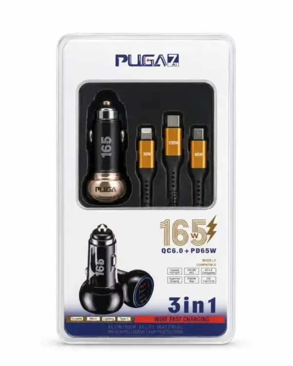 3 in 1 Pugan Car Charger 165W – High Power, Multi-Port Solution