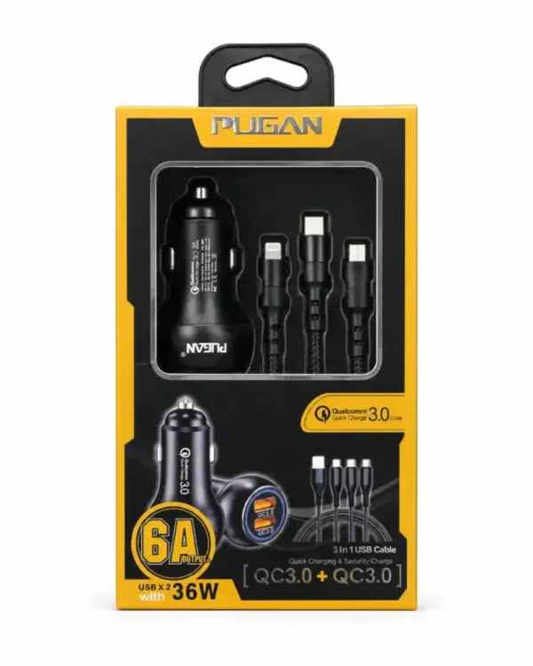 3 in 1 Pugan USB Car Fast Charger 6A Charge Your Devices On-the-Go!
