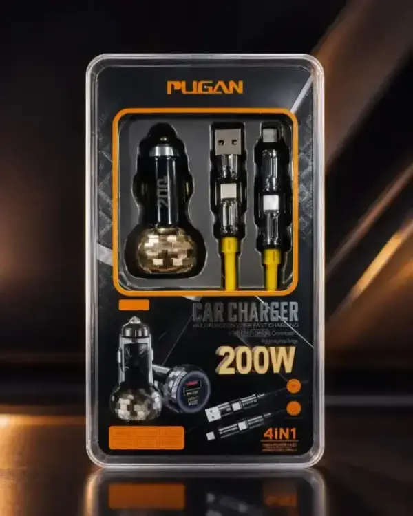 PUGAN P-208 200W Car Charger with 4-in-1 Fast Charging Cable | USB & Type-C PD NEW