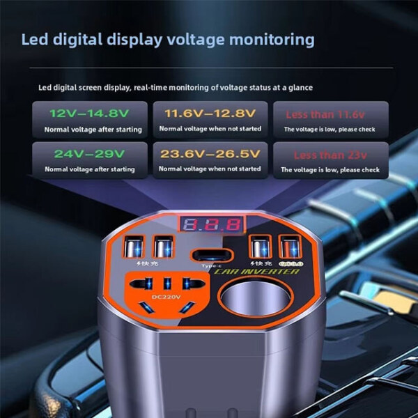 200W 12-24V Fast Charger Car Inverter 4 USB-A Type-C Ports 220V Output LED Indicator Light Cigarette Lighter Adapter Universal