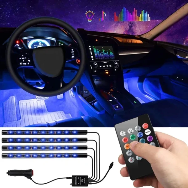 Car Interior RGB Atmosphere Lights – 4pcs Multi-Color Music Sync Neon Strip Lights