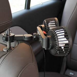 Dual Head USB Car Fan for Back Seat – 360° Adjustable Vehicle Cooling Fan with Headrest Mount