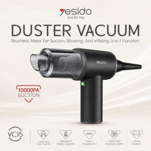 Yesido VC15 Wireless Mini Vacuum Cleaner & Duster | 3-in-1 Cordless Air Duster, Blower & Inflator for Car Interior & Home Cleaning