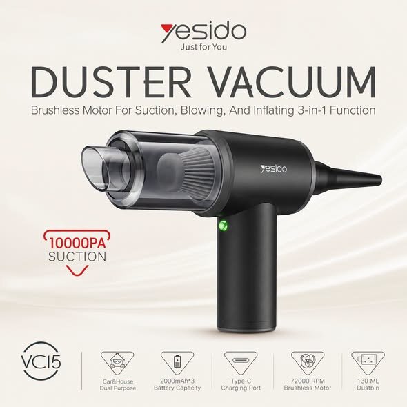 Yesido VC15 Wireless Mini Vacuum Cleaner & Duster | 3-in-1 Cordless Air Duster, Blower & Inflator for Car Interior & Home Cleaning